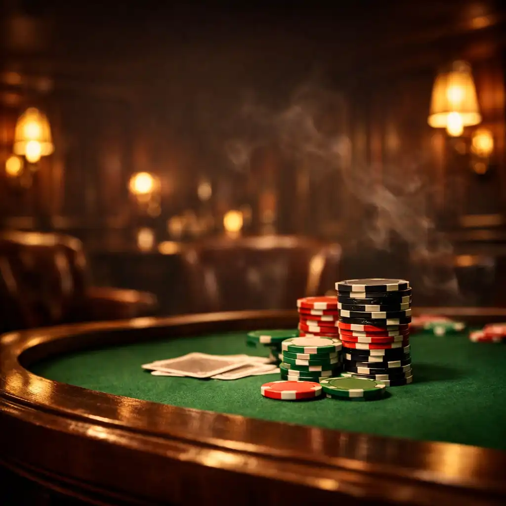 The Oak & River Card Lounge interior with dark wood panelling, a green felt poker table, and warm amber lighting