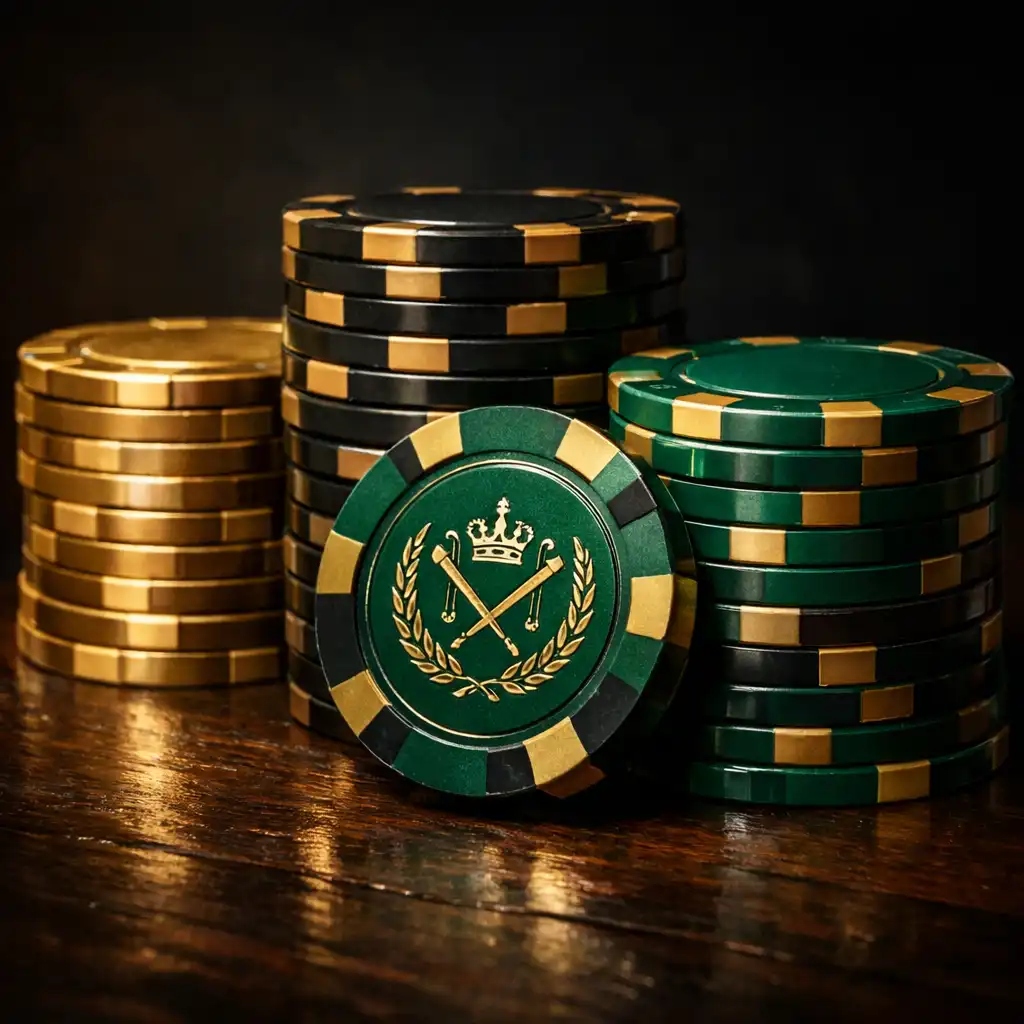 Stack of high-grade ceramic poker chips in gold, black, and emerald green