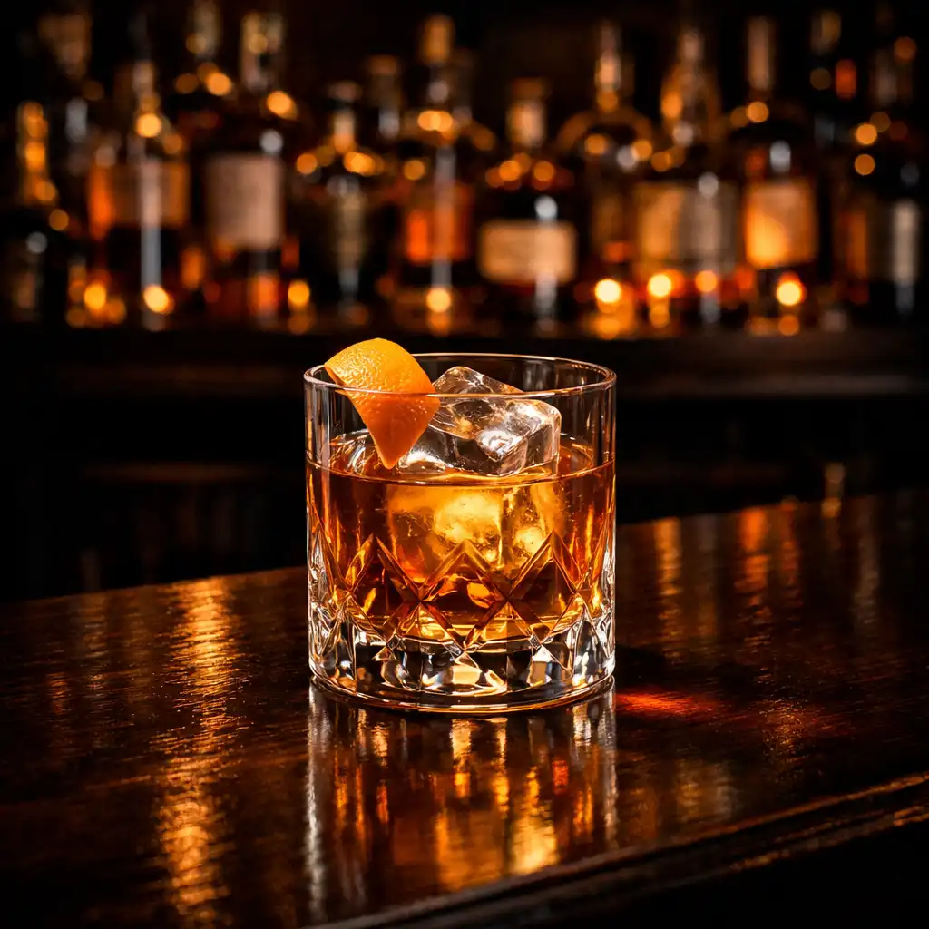 A craft cocktail in a crystal glass on a dark wooden bar, with shelves of premium spirits glowing behind it.