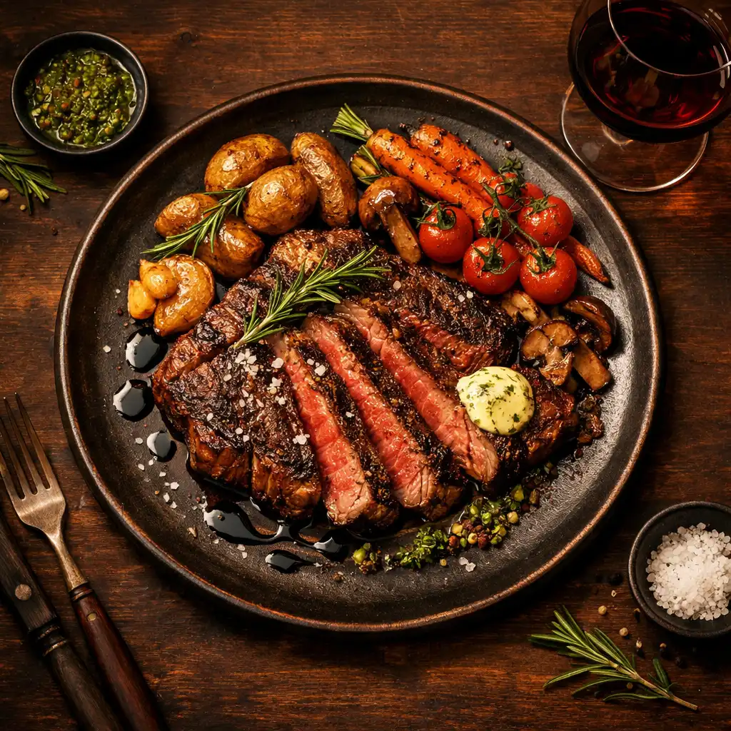 Overhead shot of a plated wood-fired steak dish with roasted vegetables and a glass of red wine