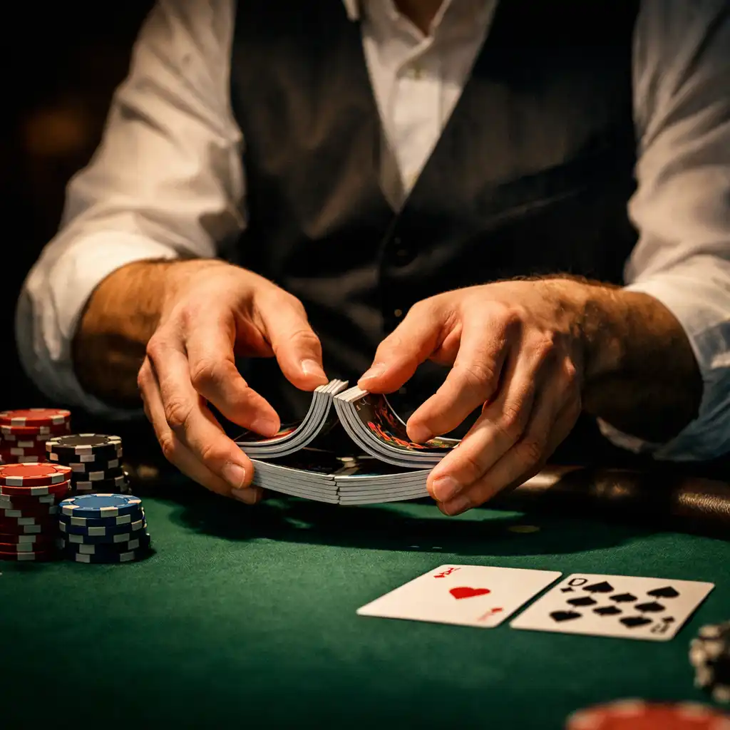 A professional dealer's hands shuffling a deck of cards over a poker table, with chips and cards visible.