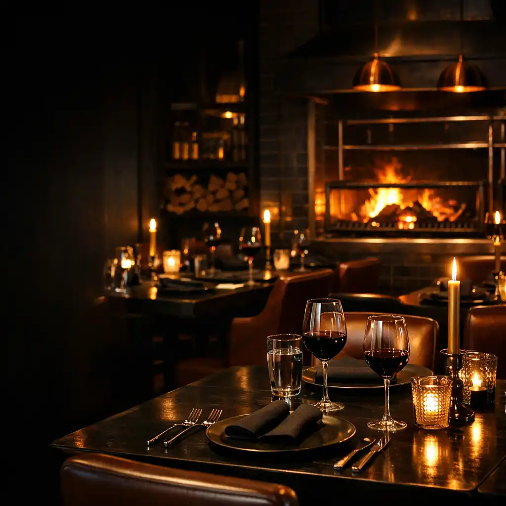 Upscale dining room with dark wood tables, leather chairs, and a wood-fired grill glowing in the background