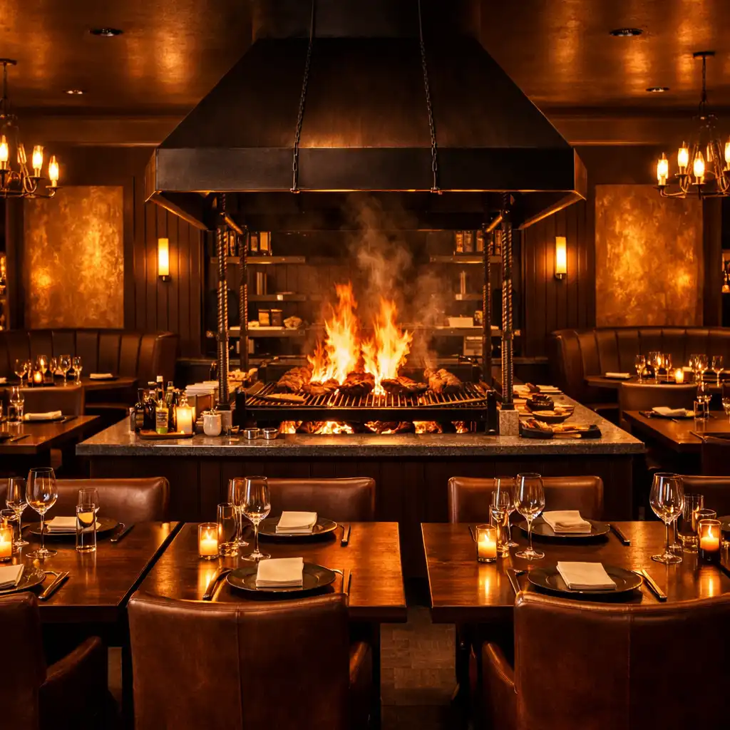 Wide shot of the upscale dining room with dark wood tables, leather chairs, and a central wood-fired grill