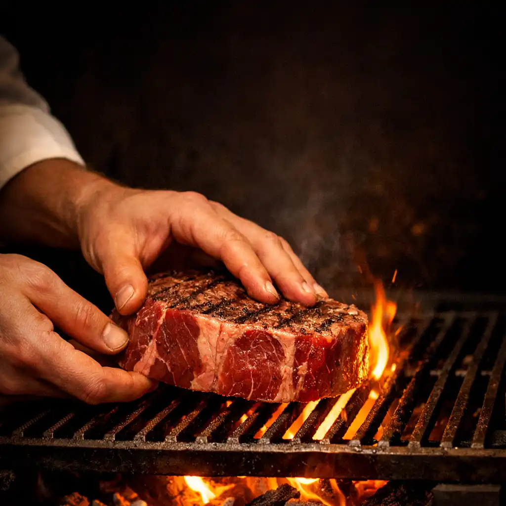 Chef placing a thick cut of steak onto a wood-fired grill with flames and embers