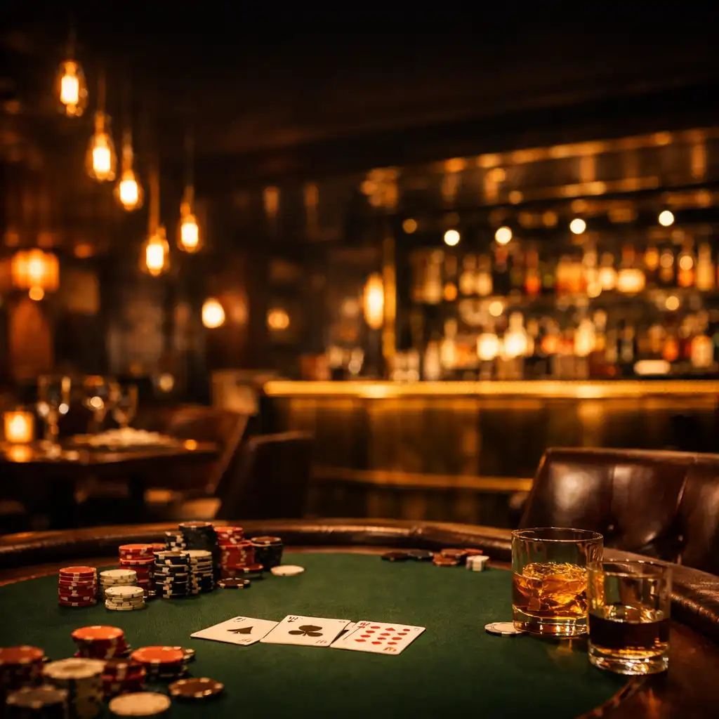 Moody interior of The Oak & River Card Lounge with a poker table in the foreground, warm amber lighting, and a gold-accented bar in the background