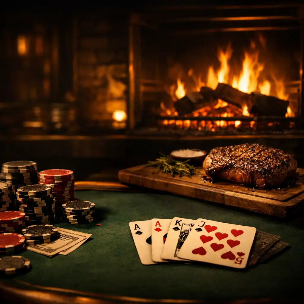 A dimly lit poker table with ceramic chips and cards in the foreground, while a wood-fired grill glows behind a seared steak in the background.
