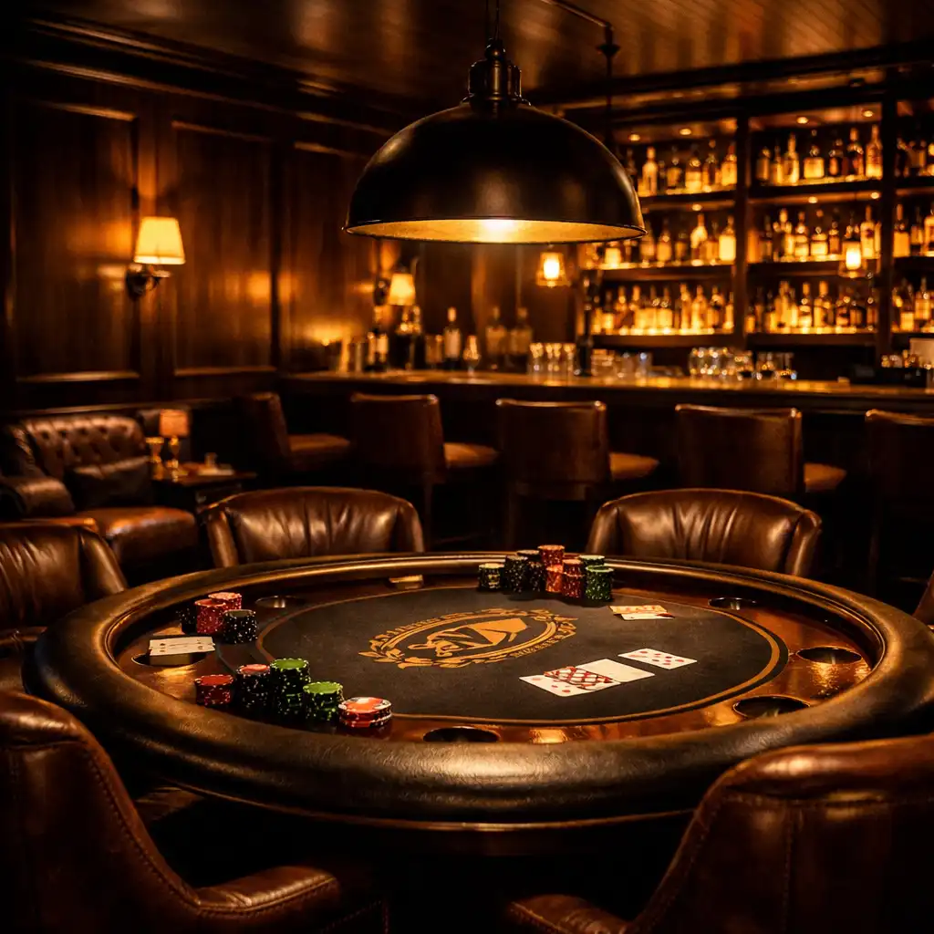 Interior of an upscale lounge with dark oak timber panels, plush leather seating, and a custom-felt poker table under a warm pendant light.