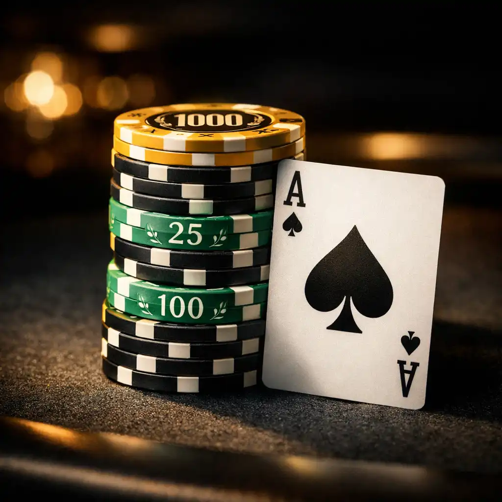 A stack of high-grade ceramic poker chips in gold, emerald, and black on a dark felt table with an ace of spades card.
