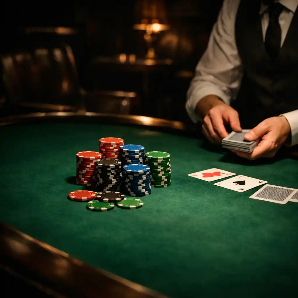 Moody poker table with ceramic chips and a dealer dealing cards in a dimly lit lounge