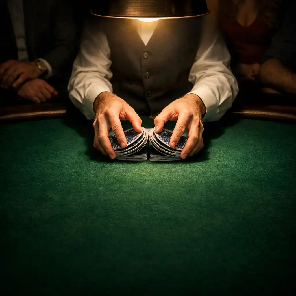 Professional dealer's hands shuffling a deck of cards on a green felt poker table under dramatic overhead lighting
