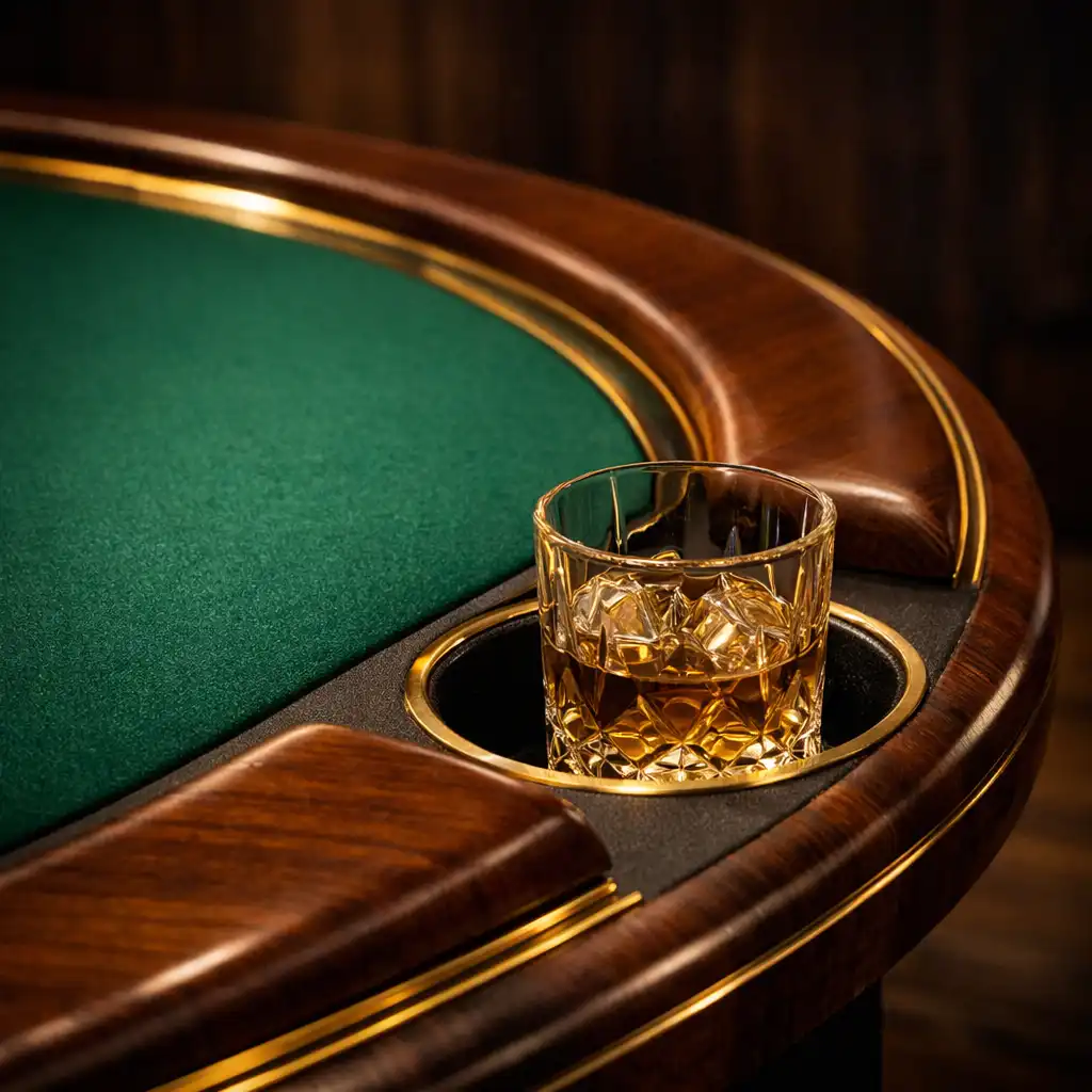 Close-up of a handcrafted poker table showing emerald felt and an integrated beverage well