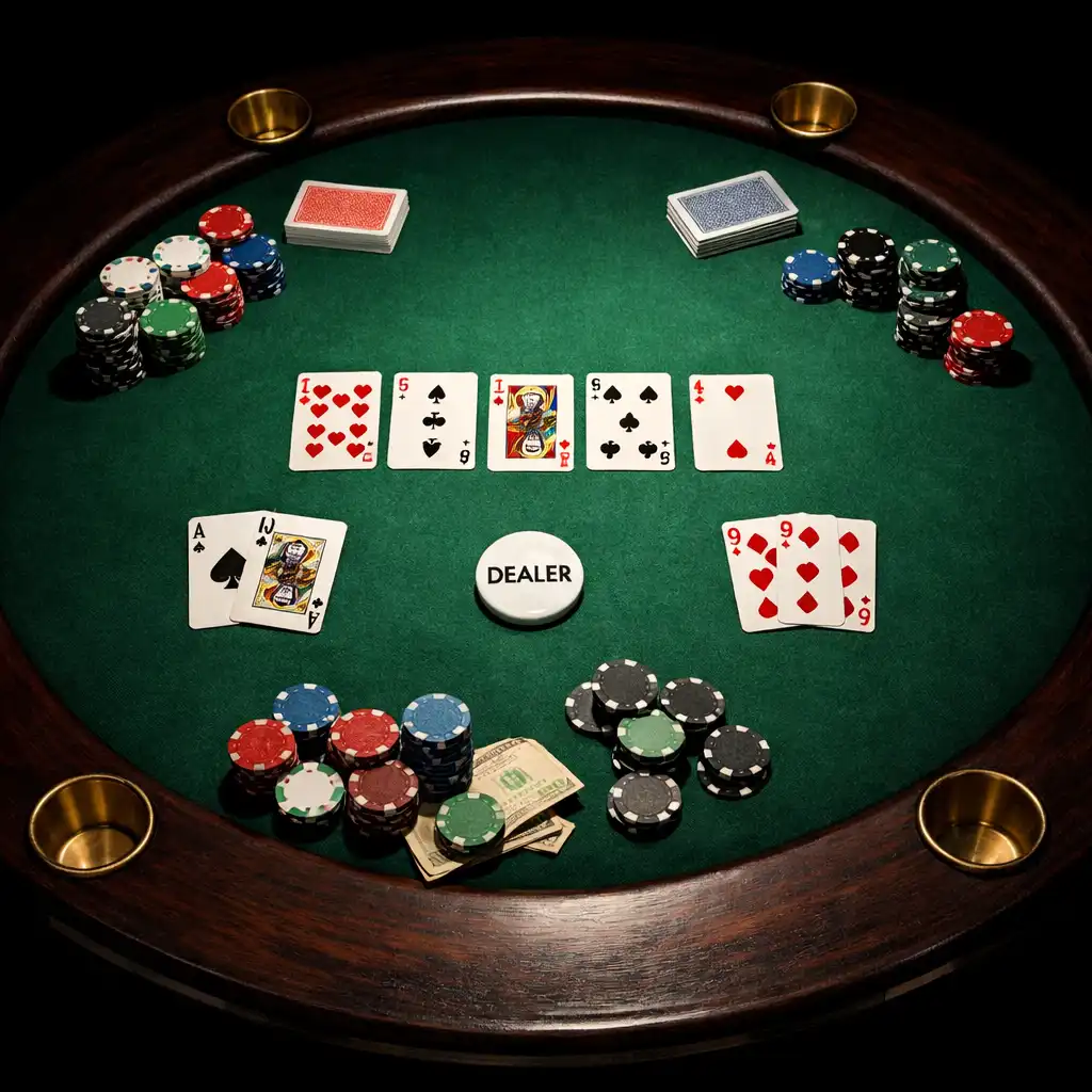 Overhead view of a custom poker table with green felt, cards, chips, and a dealer button.