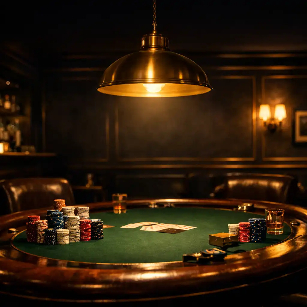 Cinematic private poker room with polished wooden table, high-grade ceramic chips, warm amber lighting, and dark charcoal walls