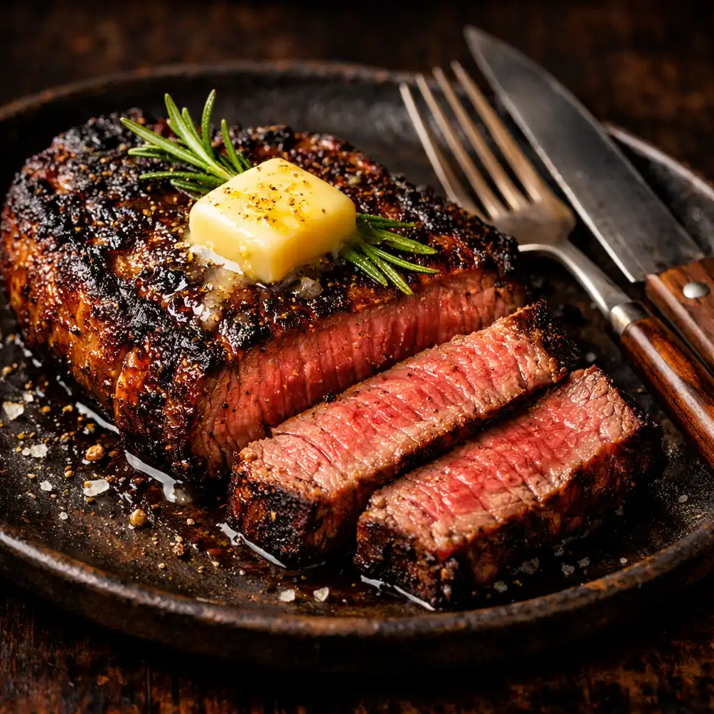 A perfectly cooked wood-fired steak on a dark ceramic plate, garnished with rosemary and melting butter.