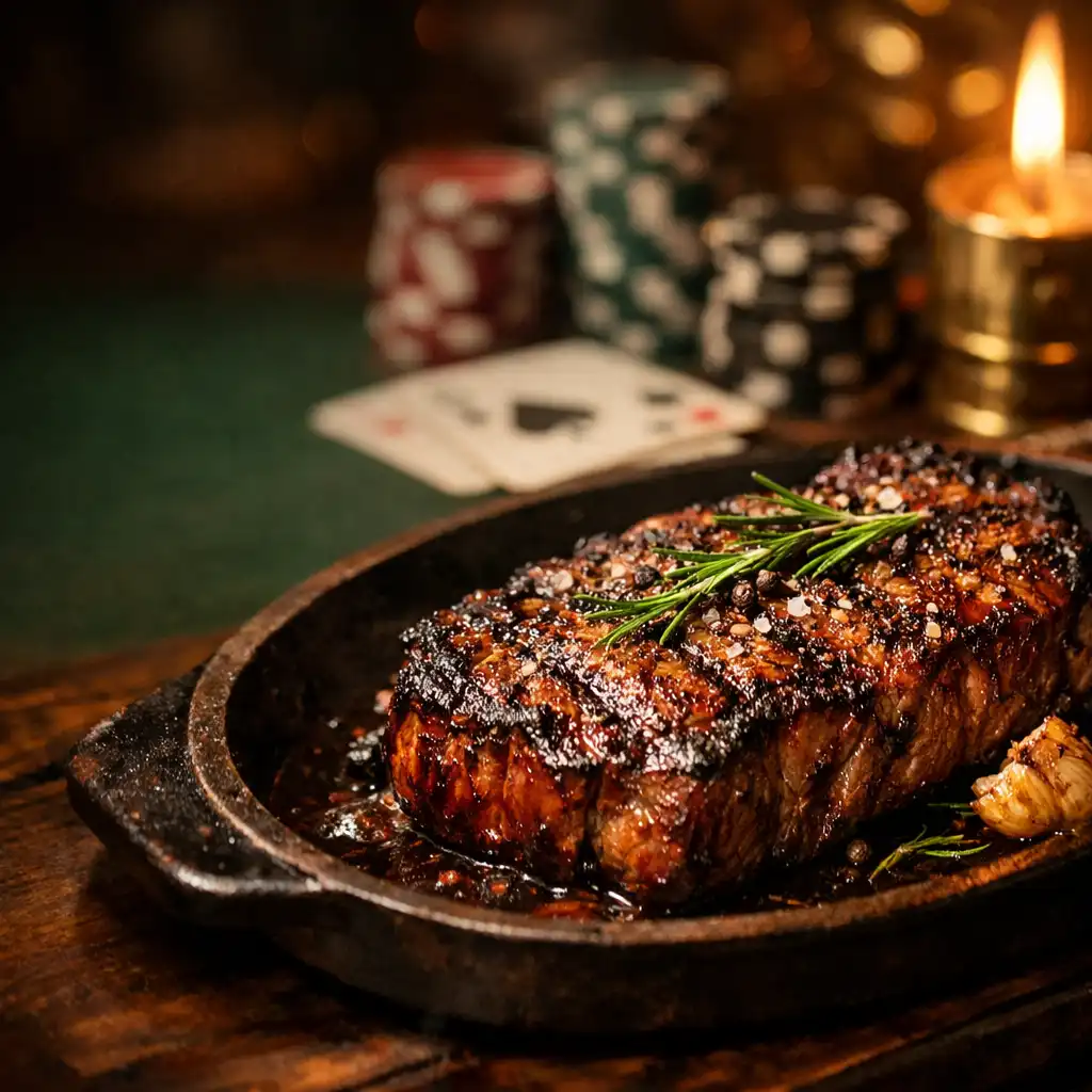 Wood-fired steak on a cast-iron plate with a blurred poker table, ceramic chips, and cards in the background