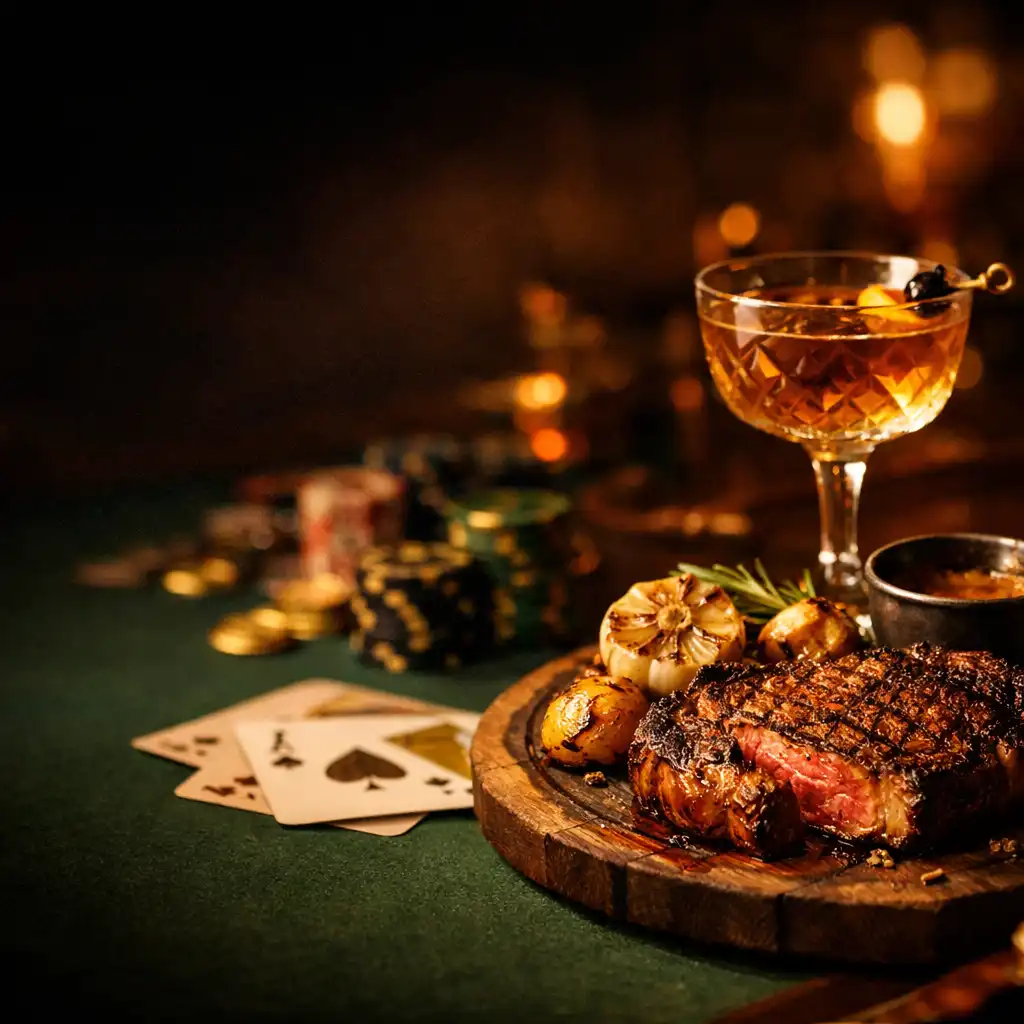 Wood-fired steak dinner and craft cocktail beside a poker table with ceramic chips under warm amber lighting