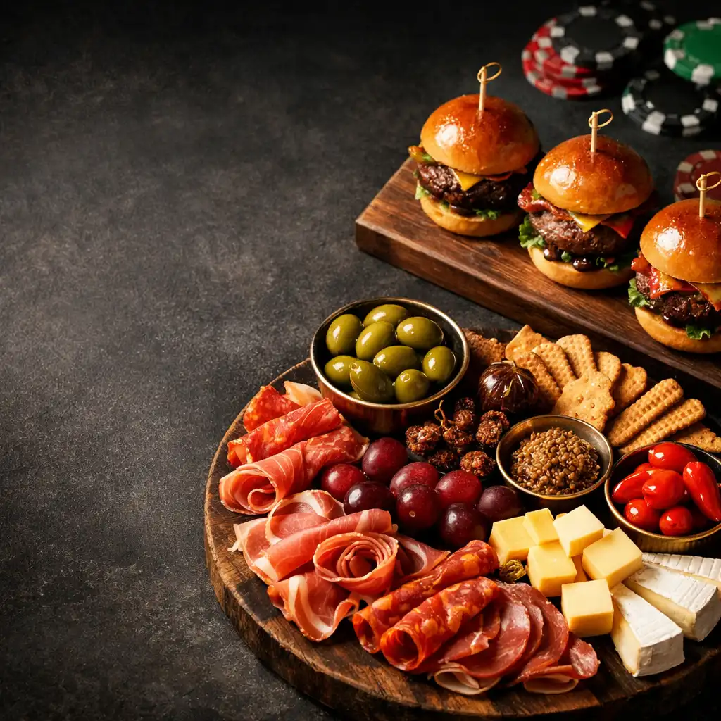Charcuterie board and gourmet sliders on a dark slate surface with poker chips blurred in the background