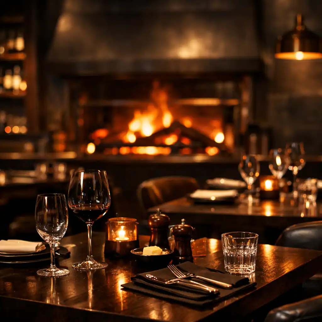 Upscale Australian steakhouse interior with wood-fired grill glow, elegant tables, and warm amber lighting