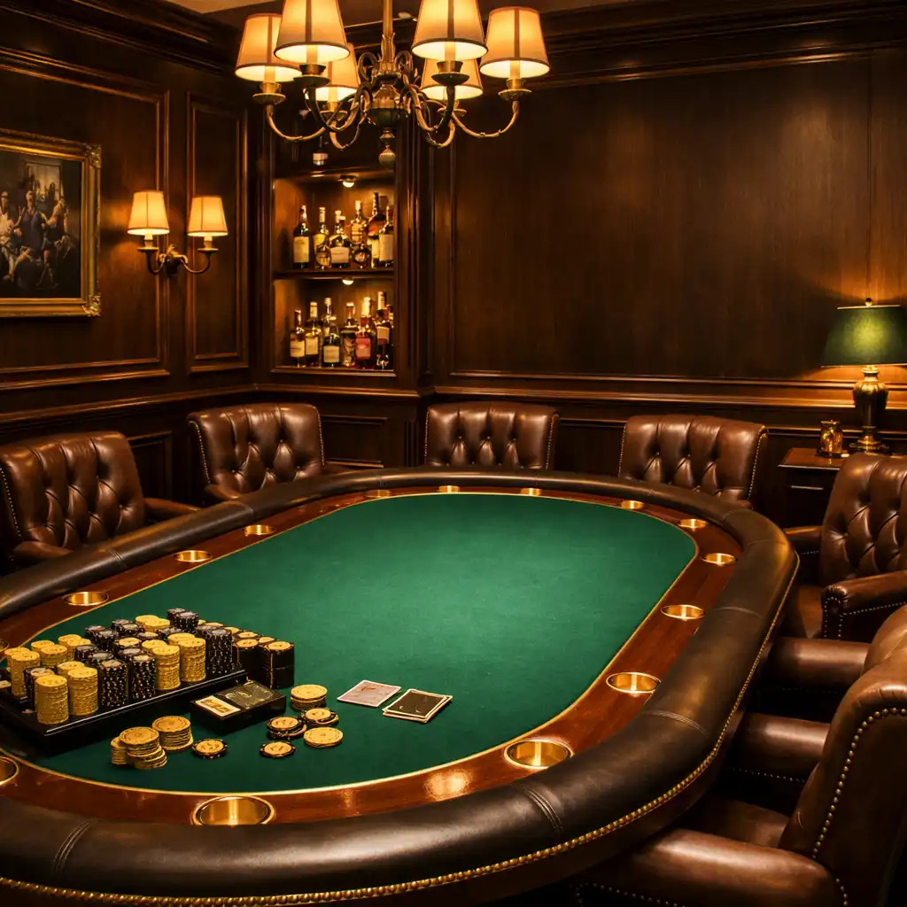 Enclosed private VIP poker room with dark wood paneling, emerald green felt table, gold trim, and custom chip set
